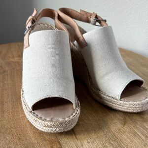 Toms Cream Canvas Espadrille Wedge Sandals with Tan Straps